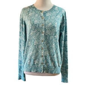 BODEN WAVE PRINT COTTON KNIT CROPPED CARDIGAN SWEATER TURQUOISE BLU WHI SIZE M